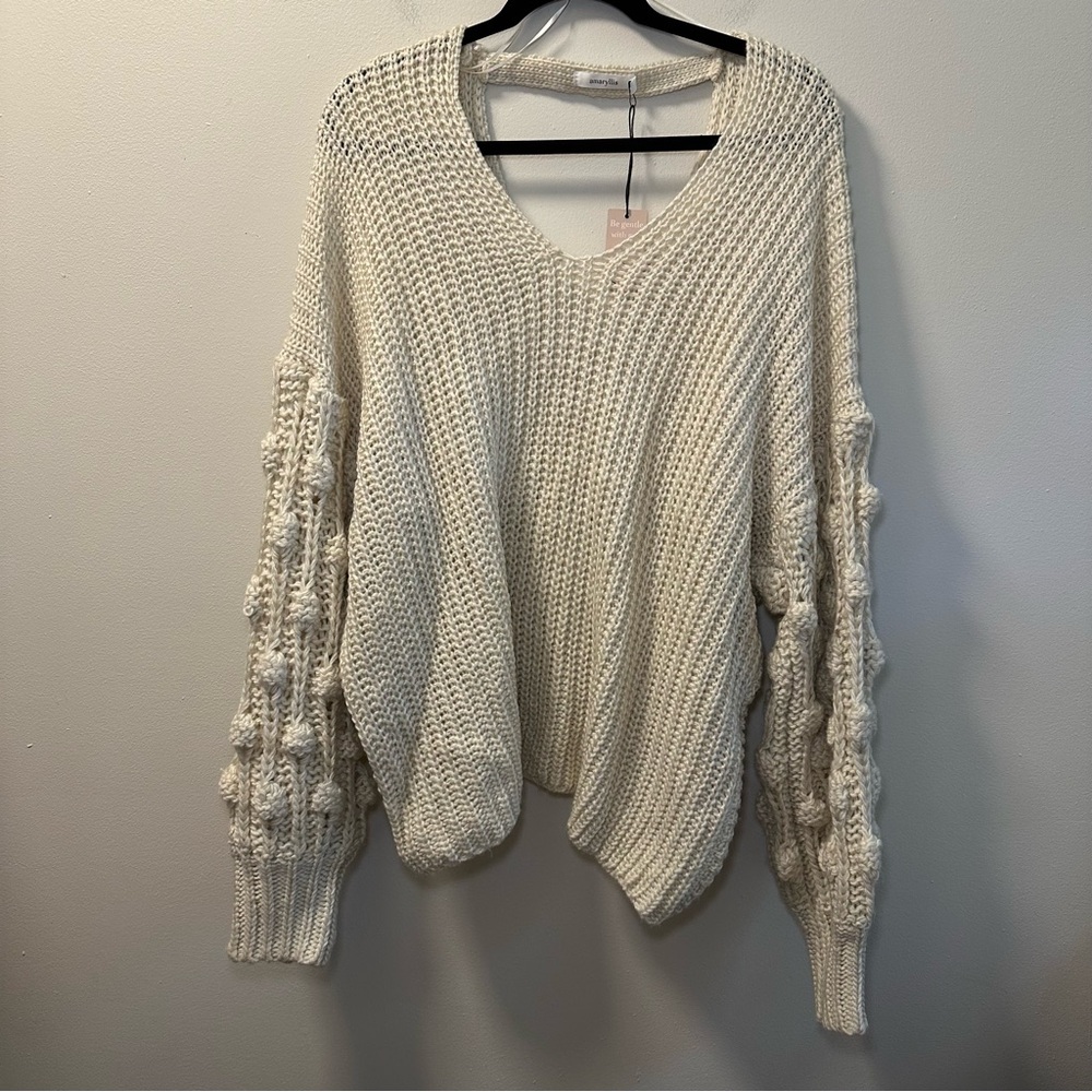 Cream/Ivory V Neck Criss Cross Back Oversized PomPom Sleeve Knit Sweater XL NWT
